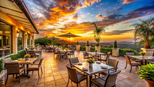 Empty tables and chairs on an outdoor hotel or restaurant terrace with a beautiful view, perfect for summer dining or a holiday