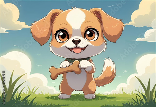 Adorable chibi-style puppy holding a bone with floppy ears