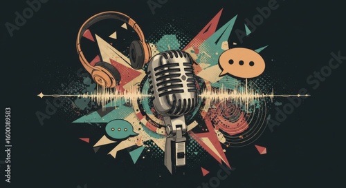 Vibrant broadcasting concept illustration with a retro microphone, sound waves, and modern graphic media elements.