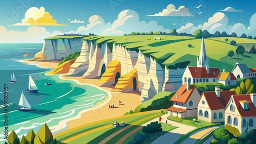 panoramic Majestic white cliffs of Étretat rise above the shimmering sea, arching elegantly into blue sky. Gentle waves kiss the shore below, creating a serene, iconic summer coastal vector scene.