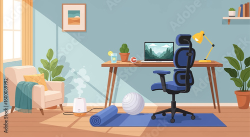 Cozy home office with armchair, desk, laptop, and yoga mat