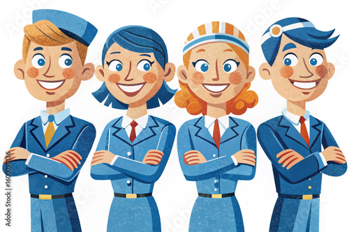set of airline staff including pilot, stewardess, steward, and flight attendants vector. Male and female crew members in aviation uniforms. Isolated on white background