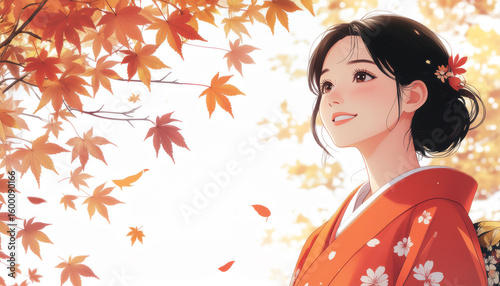 紅葉を背景にした着物のかわいい横顔の女性、イラスト素材、生成AI画像