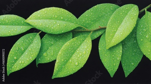 Vibrant green leaves covered in numerous water droplets against a dark background