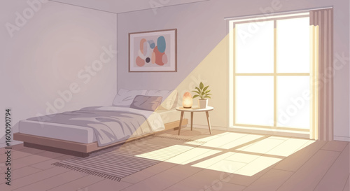 Cozy bedroom scene with natural light streaming through a large window, illuminating a bed and side table.