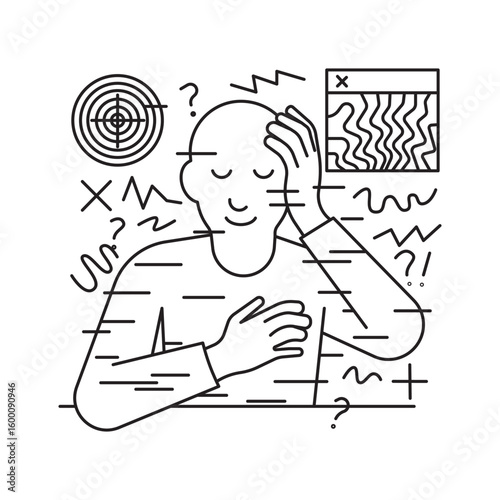 A person in creative chaos with question marks, depicting a crisis. Suitable for art blocks, problem-solving, and inspiration themes.