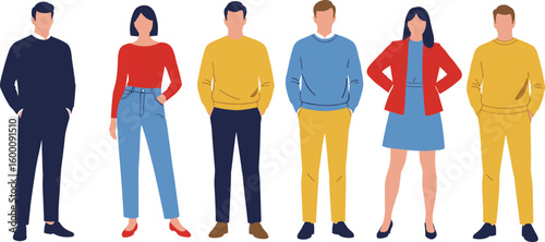 Trendy casual people illustration, young adults in modern clothing, stylish vector characters for fashion design, lifestyle blog, or app interface