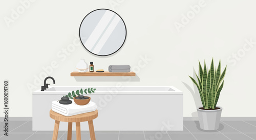 Modern bathroom sanctuary with bathtub, diffuser, essential oil, and spa stones
