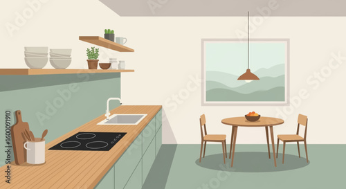 Modern minimalist kitchen interior with dining area and landscape artwork on wall