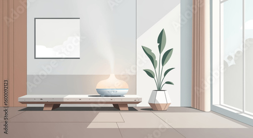 Modern minimalist living room with aroma diffuser and potted plant near window