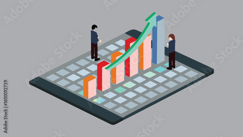 Isometric chart with rising green arrow and two figures on a grid like surface displayed nicely