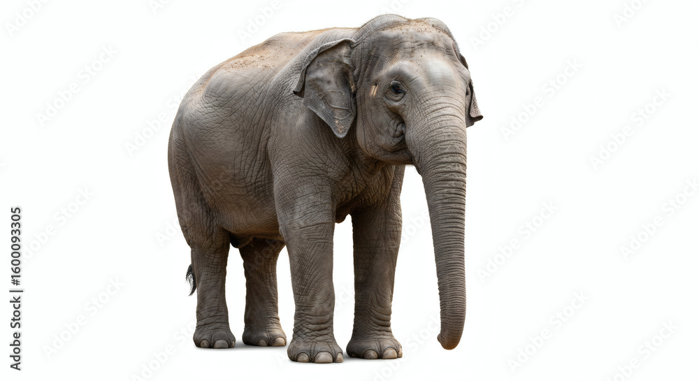 Fototapeta premium Gray elephant stands against a white background.
