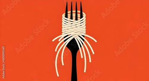 VINTAGE retro-inspired ILLUSTRATION of a black fork and the tines are wrapped in soft cream-colored spaghetti. flat, minimalist, burnt orange background,  classic, texture, concept, vintage food 