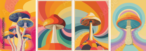 Vintage retro mushroom poster print design.  Retro hippie psychedelic mushroom illustration