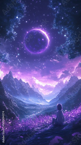 A solitary figure gazes at a glowing purple ringed planet in a starry sky above a mystical valley filled with