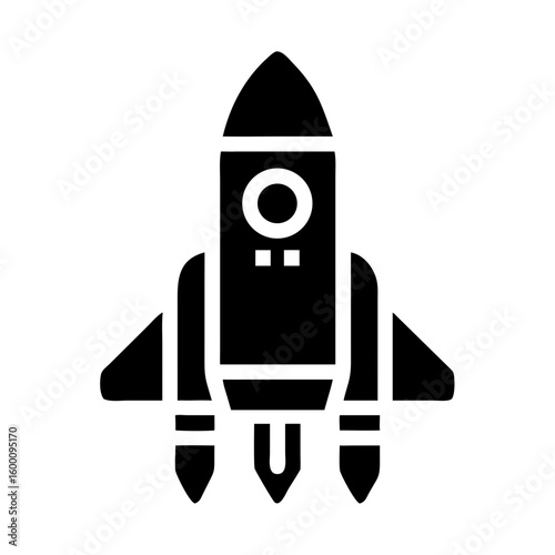 A sleek black rocket icon poised for interstellar travel against a stark white background