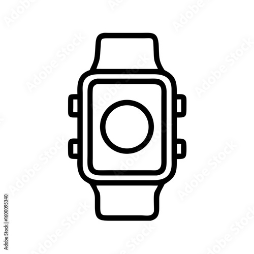 A simple black outline icon of a modern smartwatch isolated on a white background