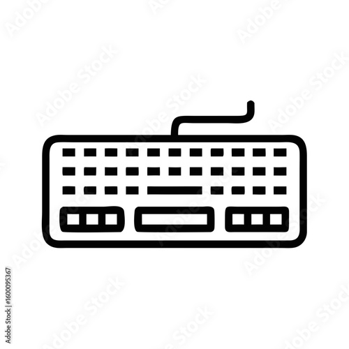 A simple black and white outline icon of a computer keyboard with a wire