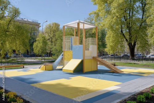 Modern outdoor children's playground with slide climbing structure and safety surfacing in park setting with trees and city background