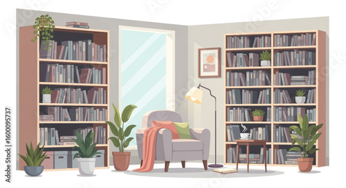 Cozy reading nook with bookshelves, armchair, plants, and a warm lamp