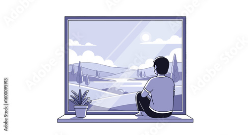 Person gazing out a window at a serene landscape with rolling hills and a body of water