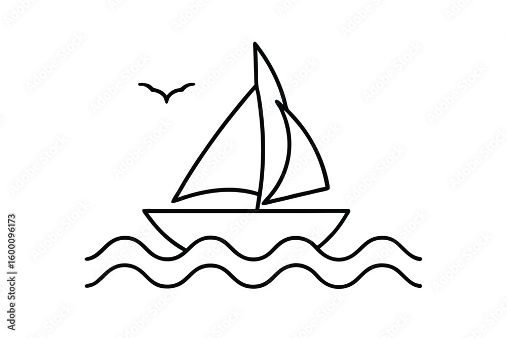 Fototapeta premium Simple Line Drawing Of A Sailboat On Waves With A Sail
