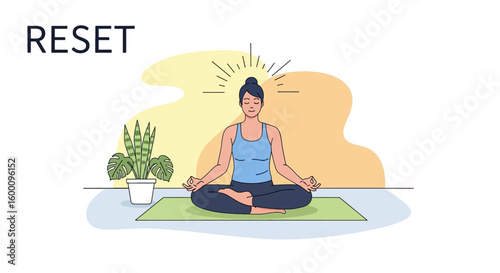 Woman meditating in lotus pose with the word RESET indicating a fresh start and mental clarity