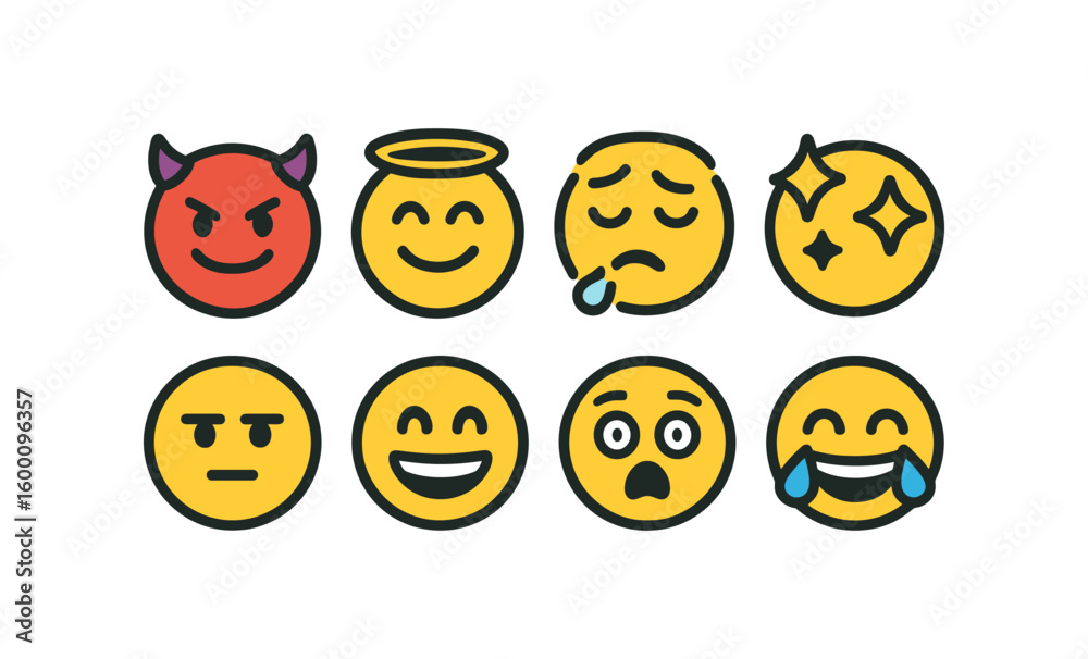 Naklejka premium Flat color emoji collection: expressions with halo, devil horns, tears, and more
