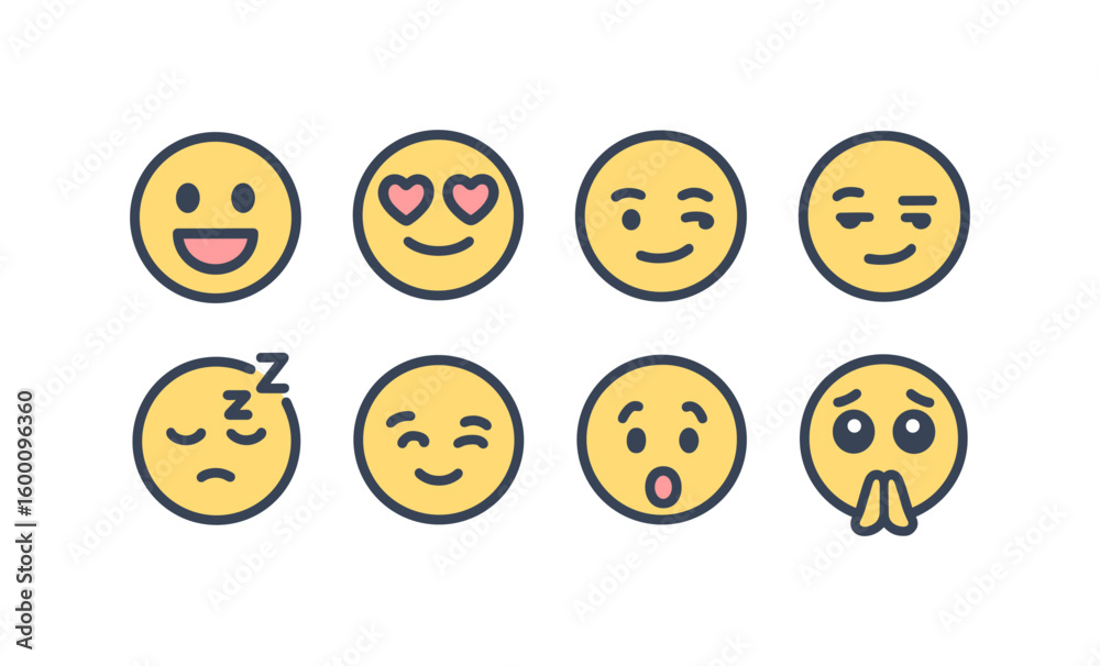 Fototapeta premium Set of yellow emoji faces showing various expressions in flat design