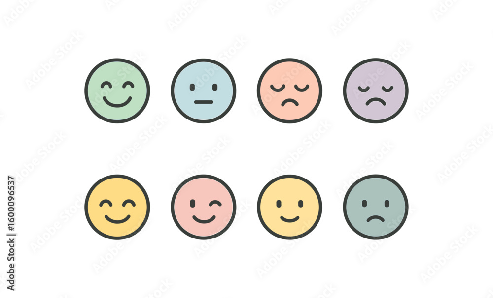 Emotional faces: pastel emojis displaying various moods and expressions