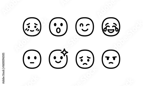 Minimalist emoji set: expressive line art faces with simple emotions