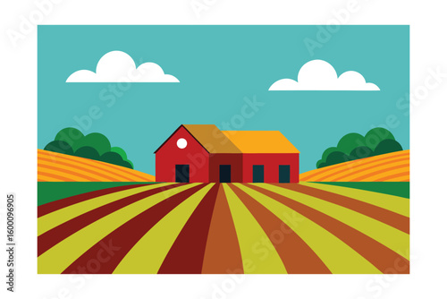 Scenic Farmland With Rows Of Crops And Barns