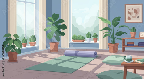 Cozy sunlit room with yoga mat and houseplants, perfect for relaxation and wellness