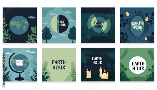 Earth Hour Illustration with Globe and Nature Silhouettes