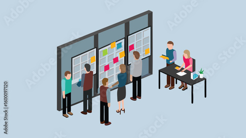 Isometric view of a team collaborating on a project using a kanban board and a meeting at a desk