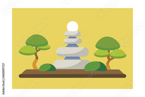 Rock Garden With Smooth Stones And Bonsai Trees