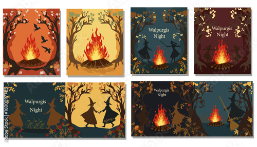 Fiery Walpurgis Night Bonfire in Autumn Woods Illustration