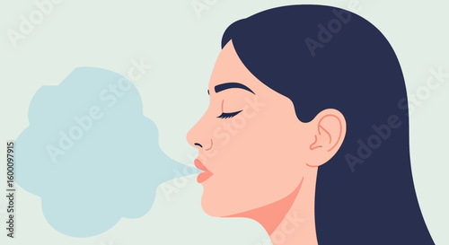 Woman exhaling softly, representing calm breathing and relaxation, side profile