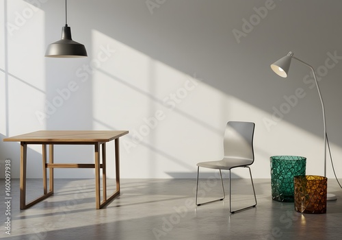 Minimalist Interior Design A Serene Dining Space Featuring Wooden Table, Sleek Chair, and Modern Lighting, Bathed in Natural Sunlight, Creating a Calm and Inviting Atmosphere