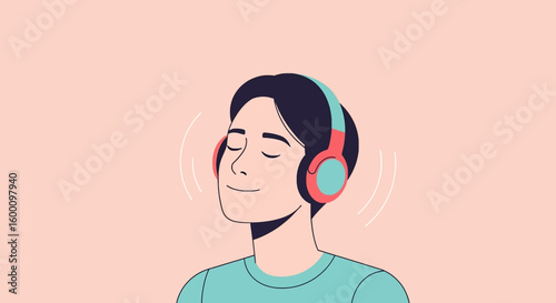 Person enjoying music with headphones, eyes closed, feeling relaxed and happy.