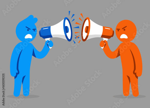 A metaphor for the inability to hear each other in conflict. The two figures are shouting through megaphones, symbolizing an aggressive argument, lack of understanding, and communication barriers.