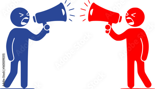 A metaphor for the inability to hear each other in conflict. The two figures are shouting through megaphones, symbolizing an aggressive argument, lack of understanding, and communication barriers.