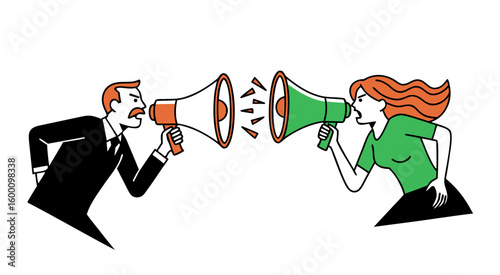 A metaphor for the inability to hear each other in conflict. The two figures are shouting through megaphones, symbolizing an aggressive argument, lack of understanding, and communication barriers.