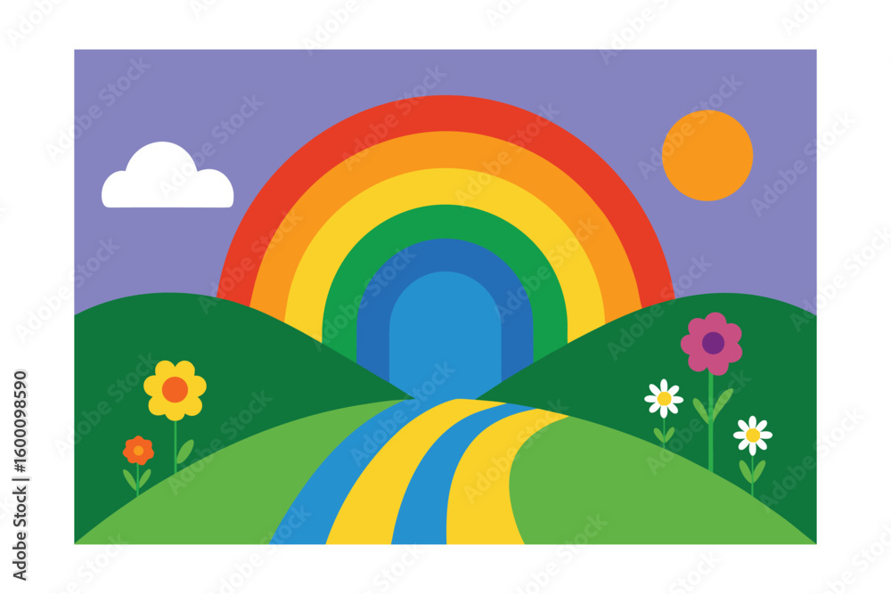 Fototapeta premium Rainbow Paths Hills Sun Wildflowers