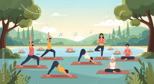 Diverse group practices yoga outdoors by tranquil lake with serene nature scenery