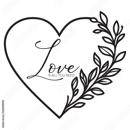 Minimal Line Art Heart with Botanical Elements and Love Quote