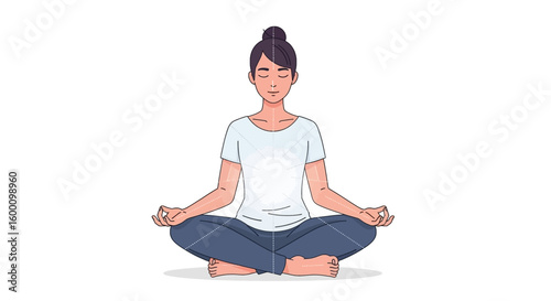 Woman meditating in lotus position, emitting positive energy and inner peace