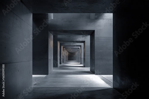 Long symmetrical concrete tunnel corridor with repetitive rectangular archways in dimly lit modern architectural structure