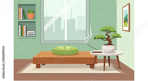 Serene room with bonsai tree, incense, books, and city view window