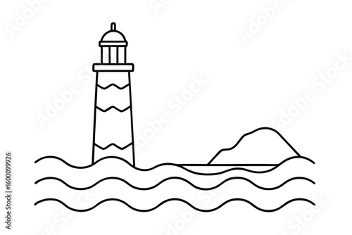 Outline Of A Lighthouse By The Sea With Waves And Sky